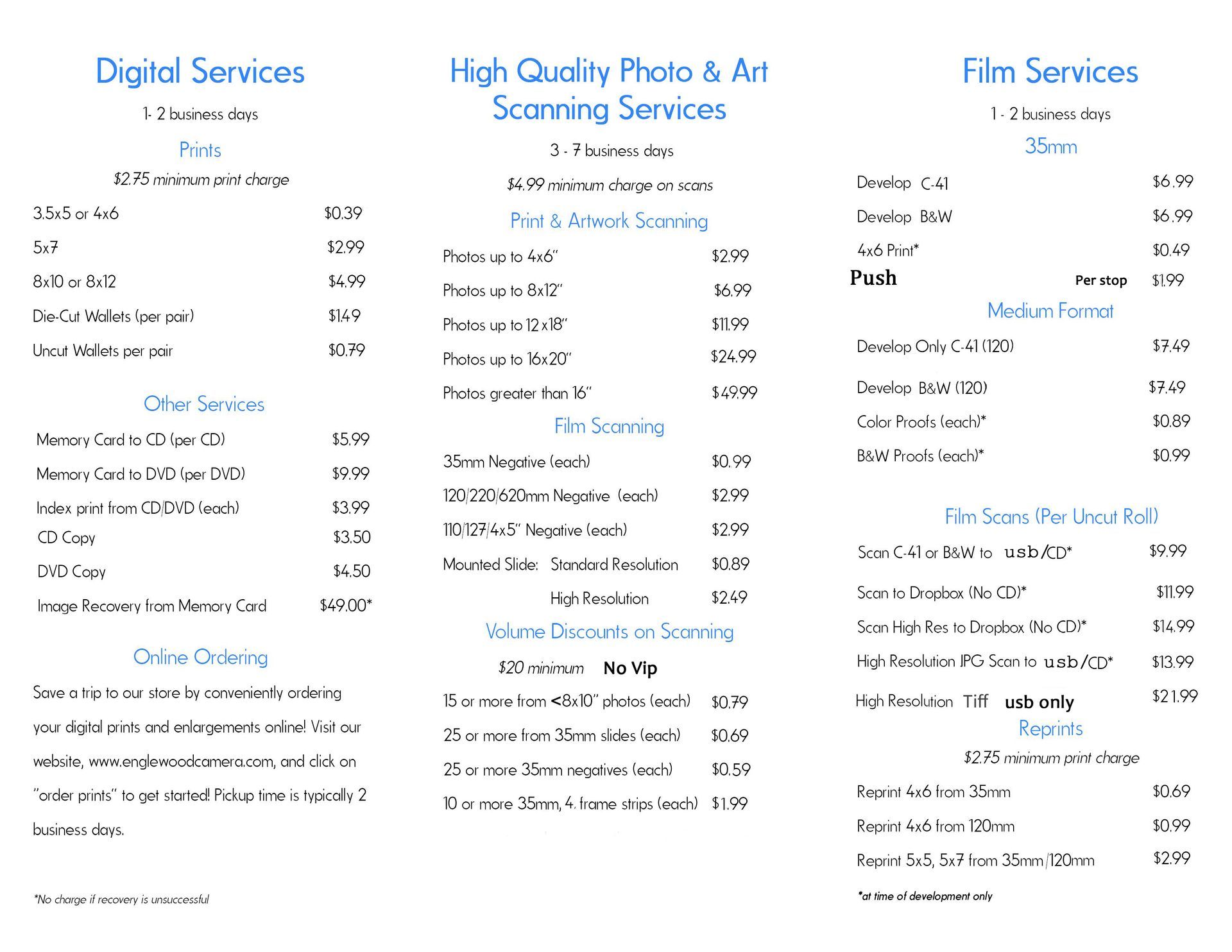 Film Services pricelist