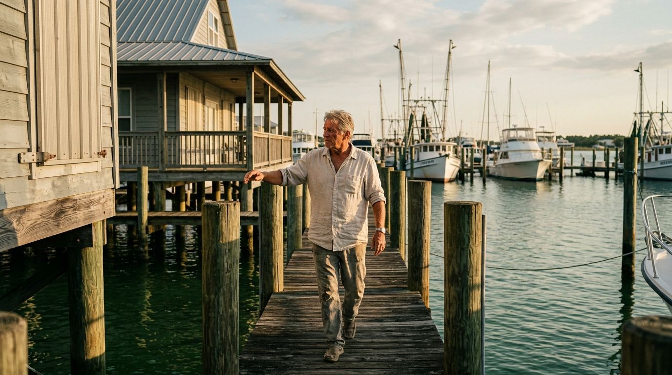 Homeowner in a linen shirt checks hurricane shutters on the dock of an elevated harbor home at sunset in Destin, Florida