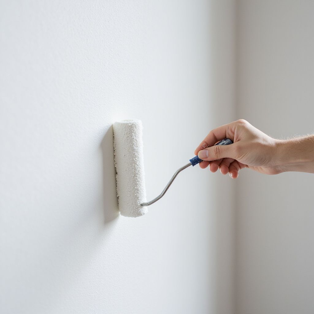 Person painting a white wall with a paint roller in a room.
