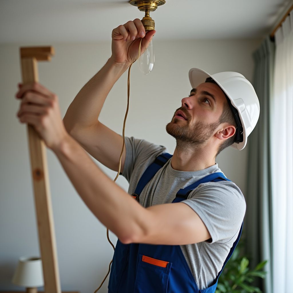 Man in hard hat and coveralls, installing light fixture indoors.