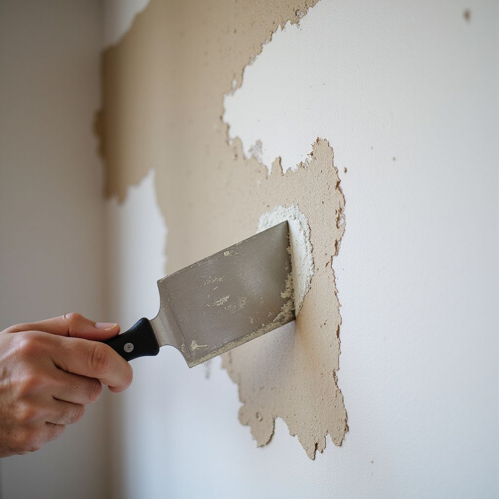 Person using a putty knife to scrape peeling paint from a wall.