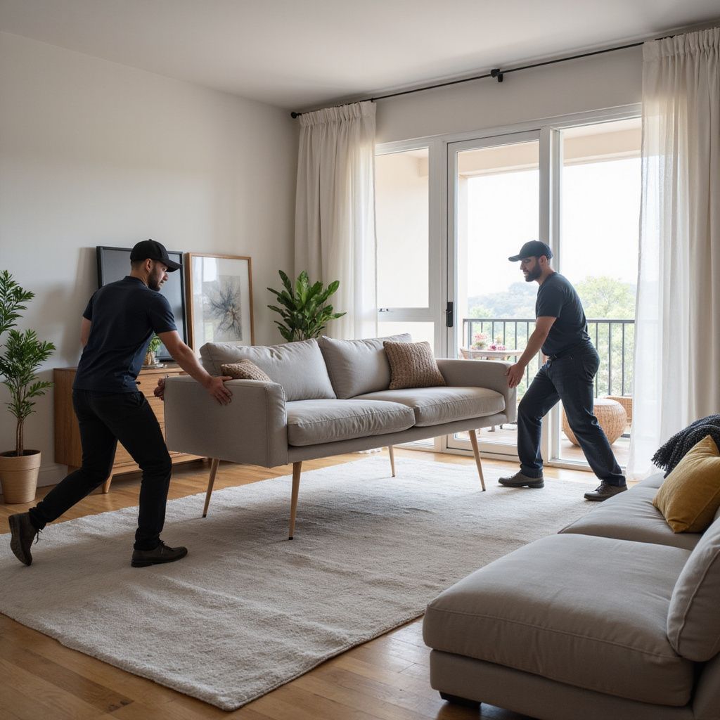 Two movers carrying a beige sofa in a living room with a rug and balcony.