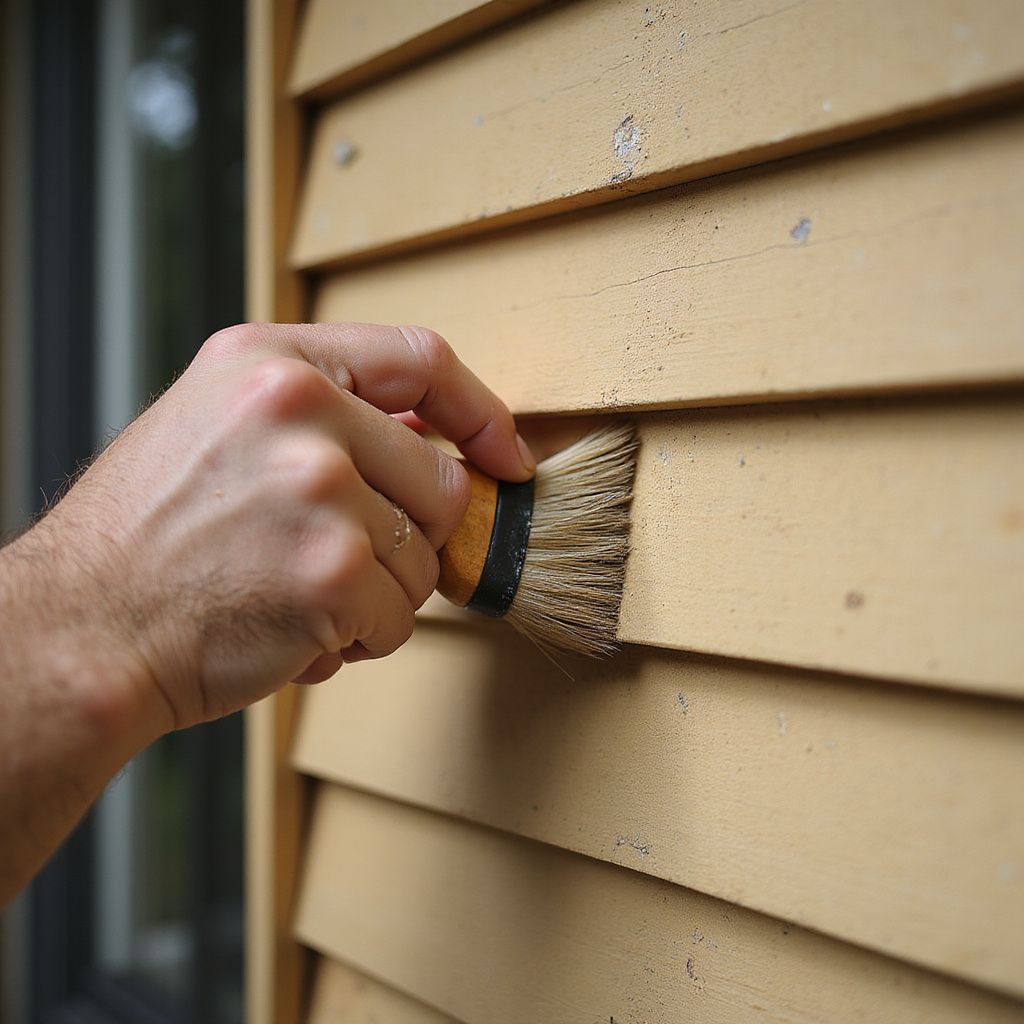 Hand brushing light yellow wooden siding.