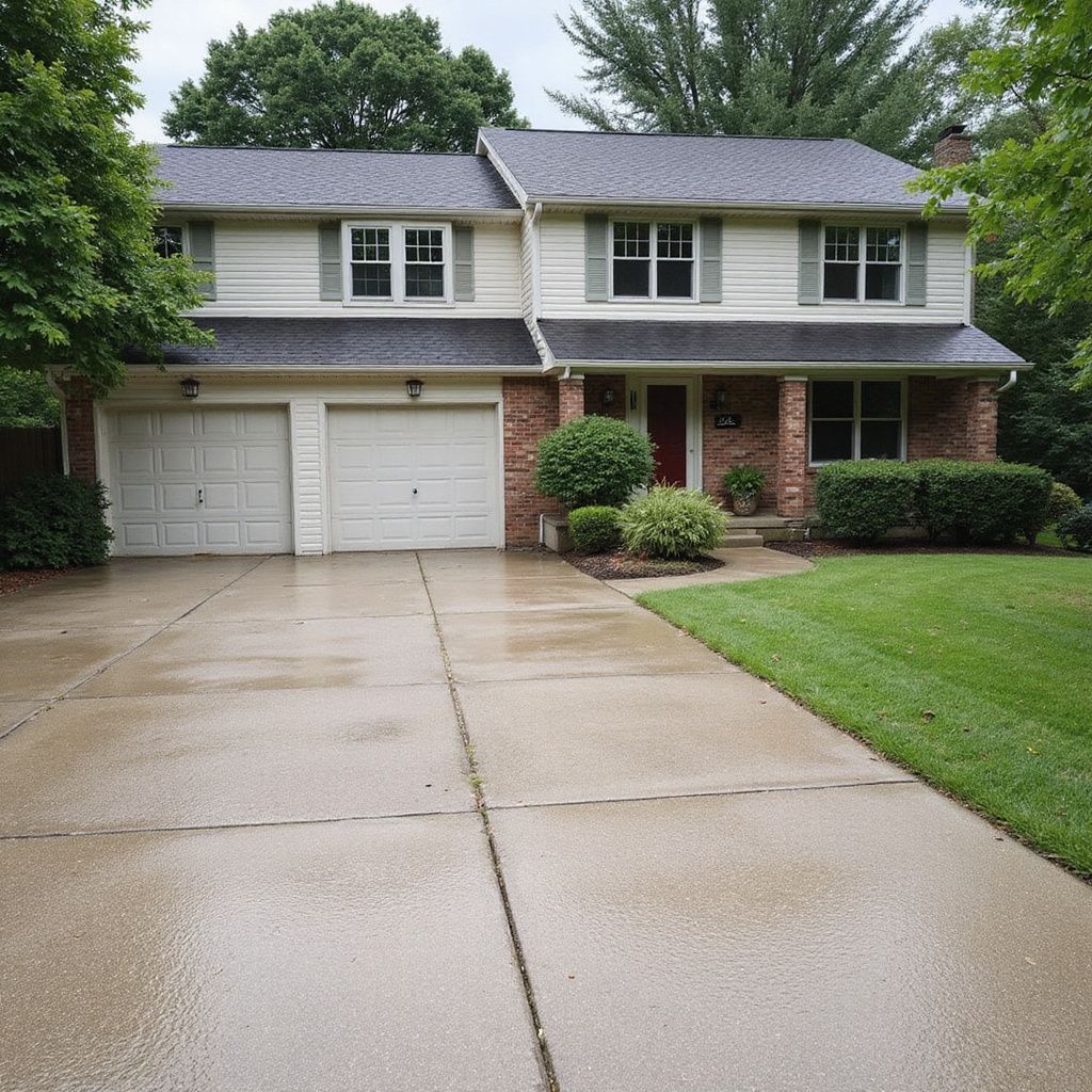 Two-story beige house with a two-car garage, brick accents, and a gray roof; wet driveway.