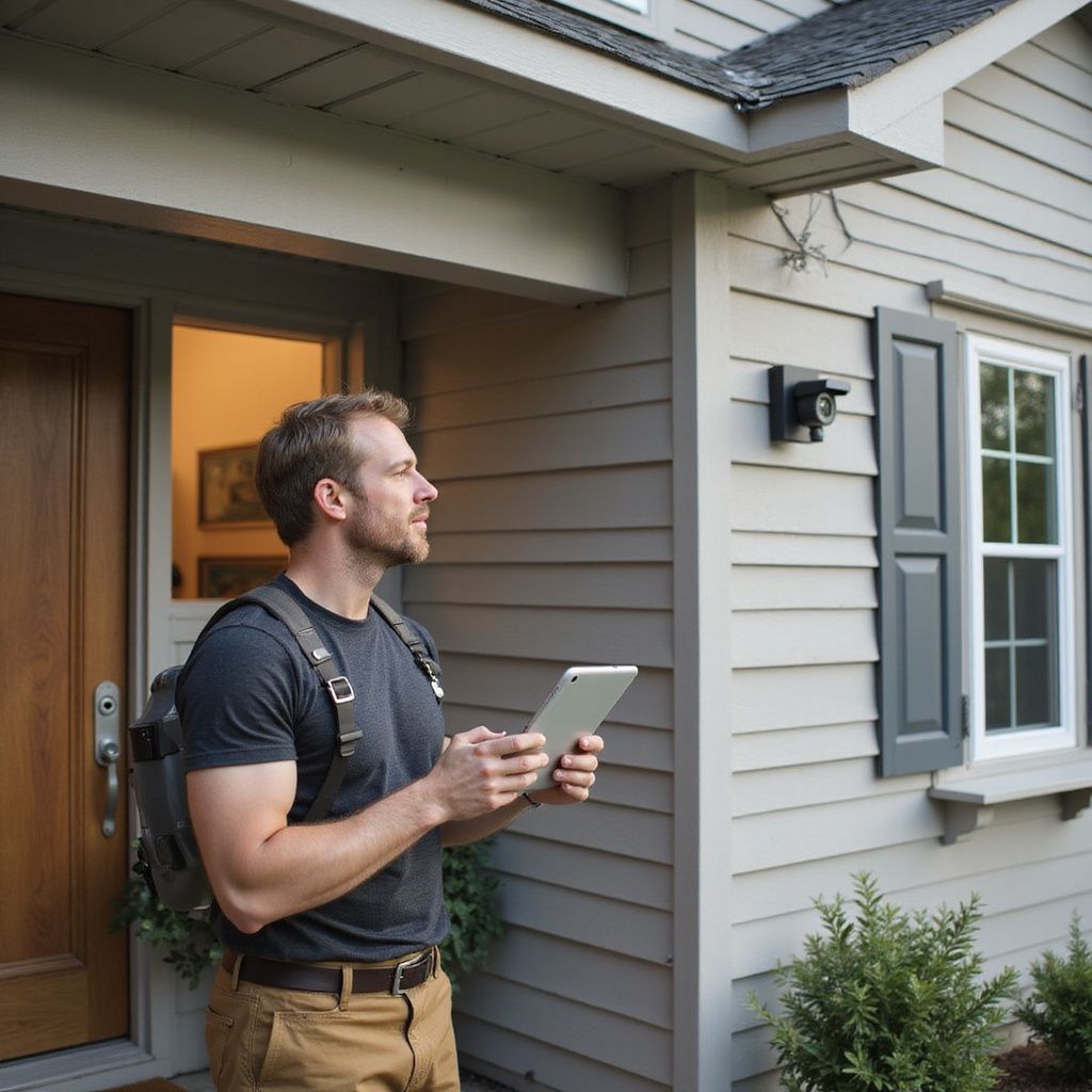 Man with tablet checks security camera outside a house with gray siding and a dark brown door.