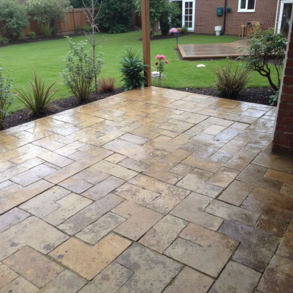 A stone patio with a brick house on the right and a green lawn in the background.