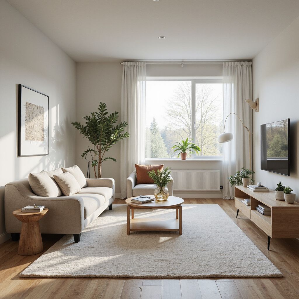 Living room with beige sofa, wooden furniture, large window, and a rug.