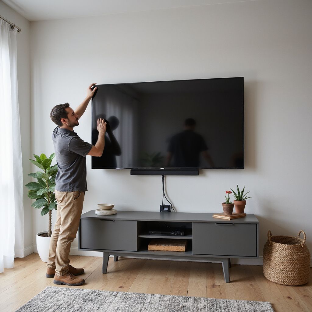 Man installing a TV on a wall above a gray entertainment console.