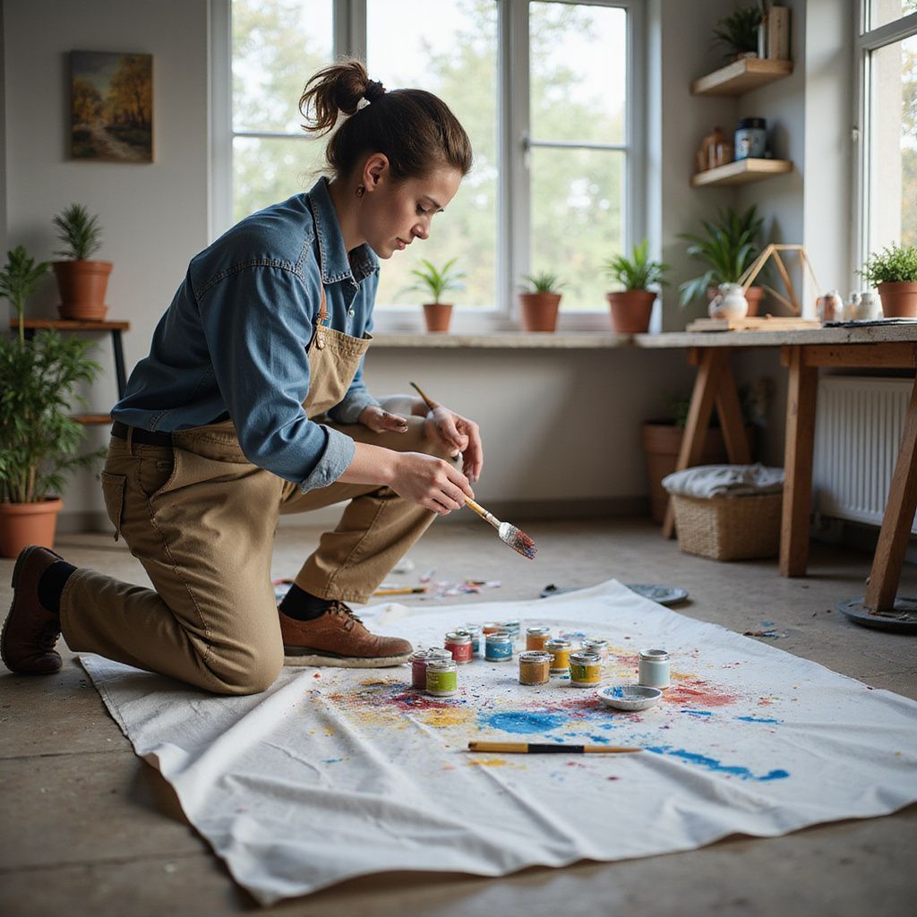 Woman kneels on floor painting on canvas. Palette of colors, plants, and natural light in studio.