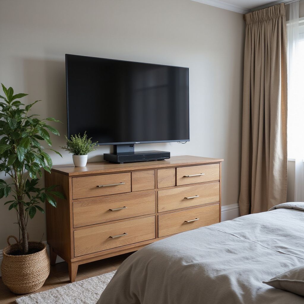 Bedroom with TV mounted on a wooden dresser; plant in a basket to the left, neutral colors.