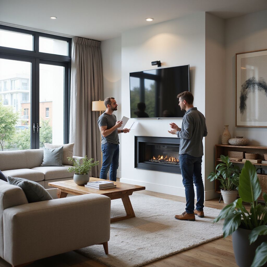 Two men discussing a fireplace and TV in a modern living room. One holds papers, the other gestures.