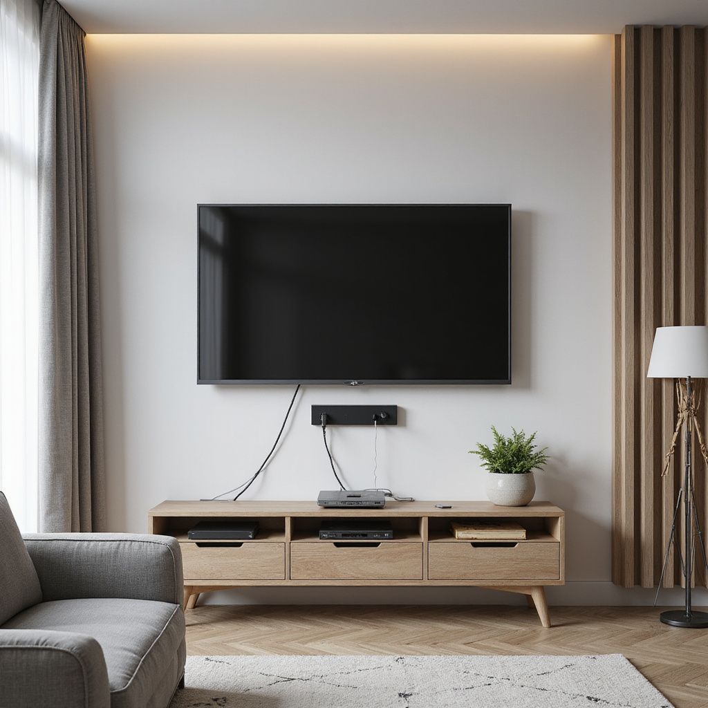 Living room with TV, console, and sofa. A wooden accent wall and a floor lamp are also in the room.