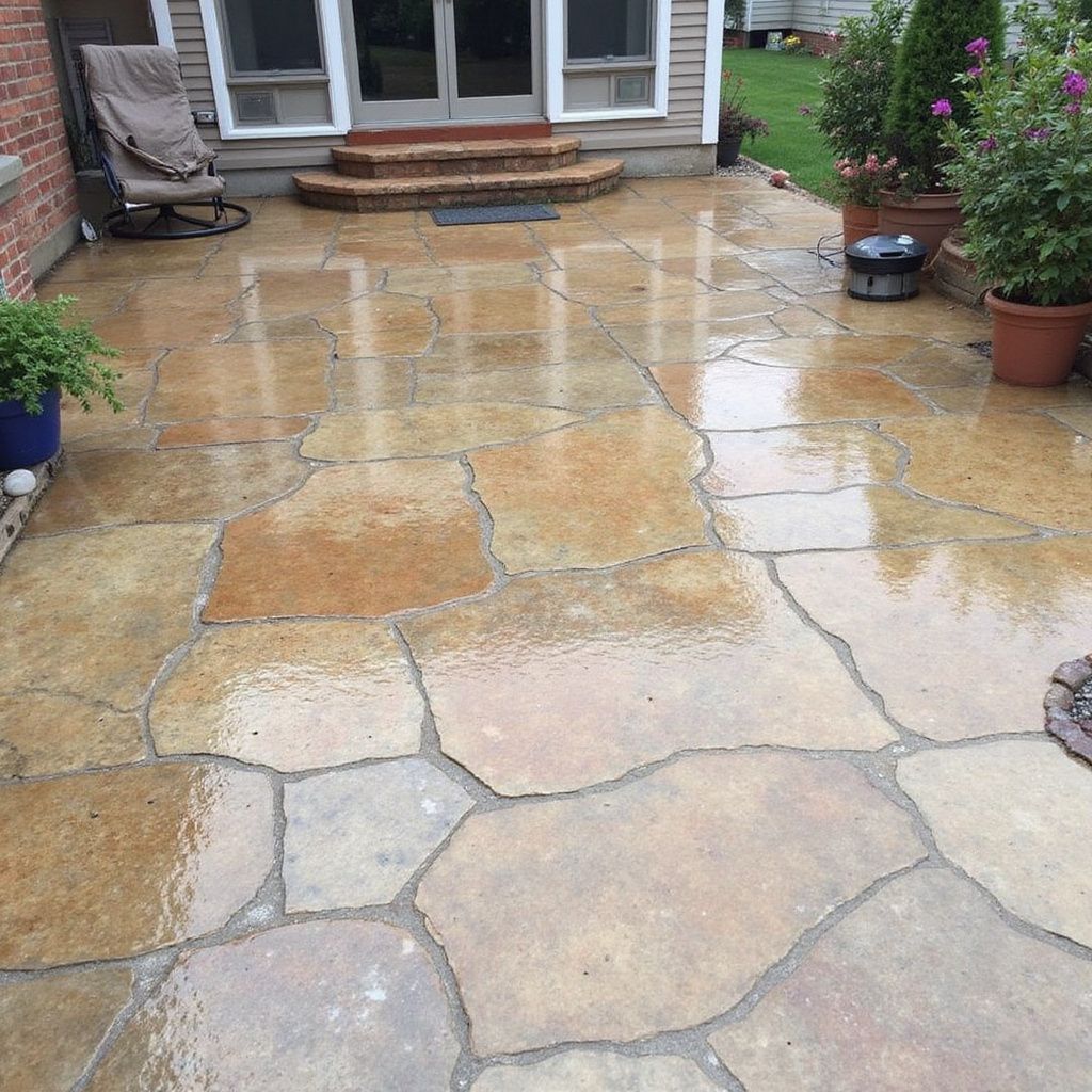 Wet, flagstone patio with reddish-brown and tan stones, leading to a house with glass doors.