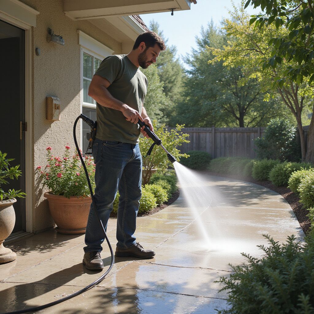 Man pressure washing a concrete patio; outdoors, sunny.