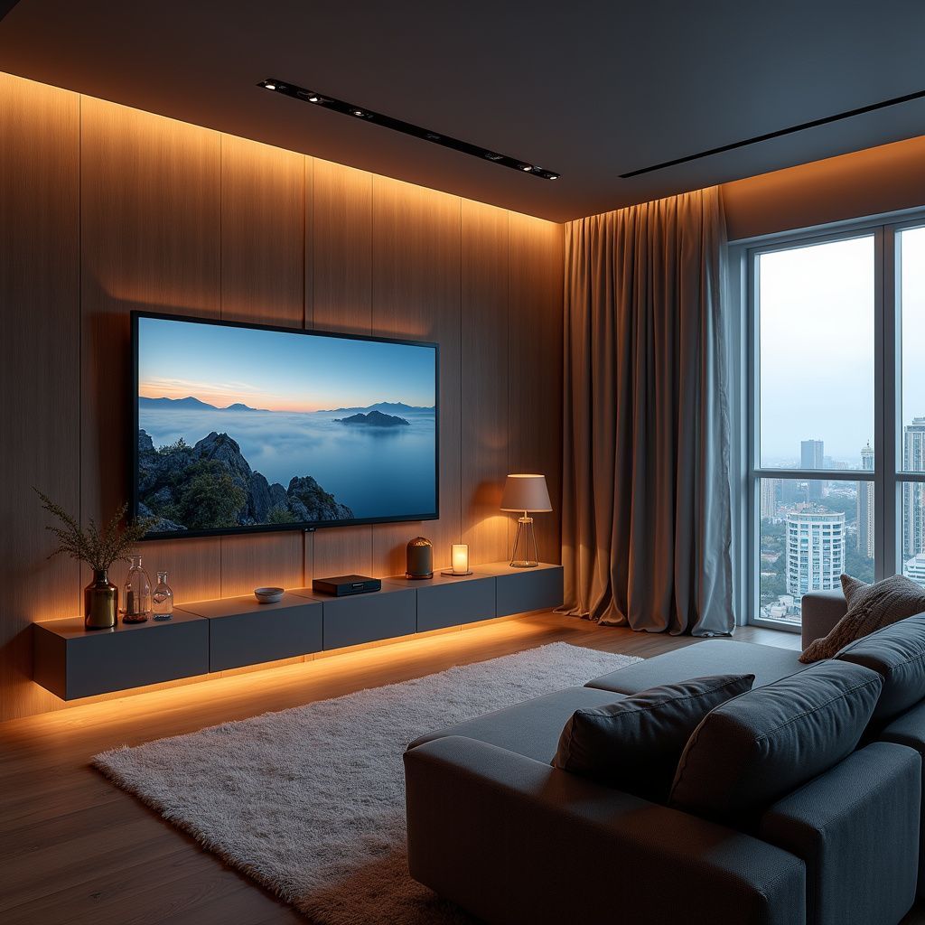 Modern living room with large TV, soft lighting, and city view.