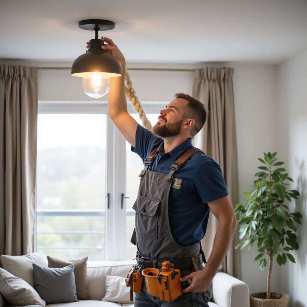 Man installing a light fixture in a living room. He wears overalls and has a tool belt.