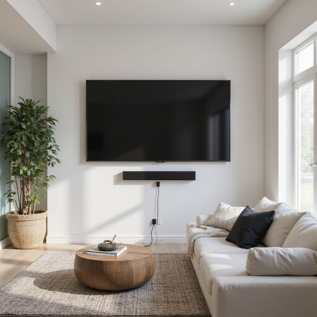 Living room with a large TV, soundbar, sofa, coffee table, and a large plant.