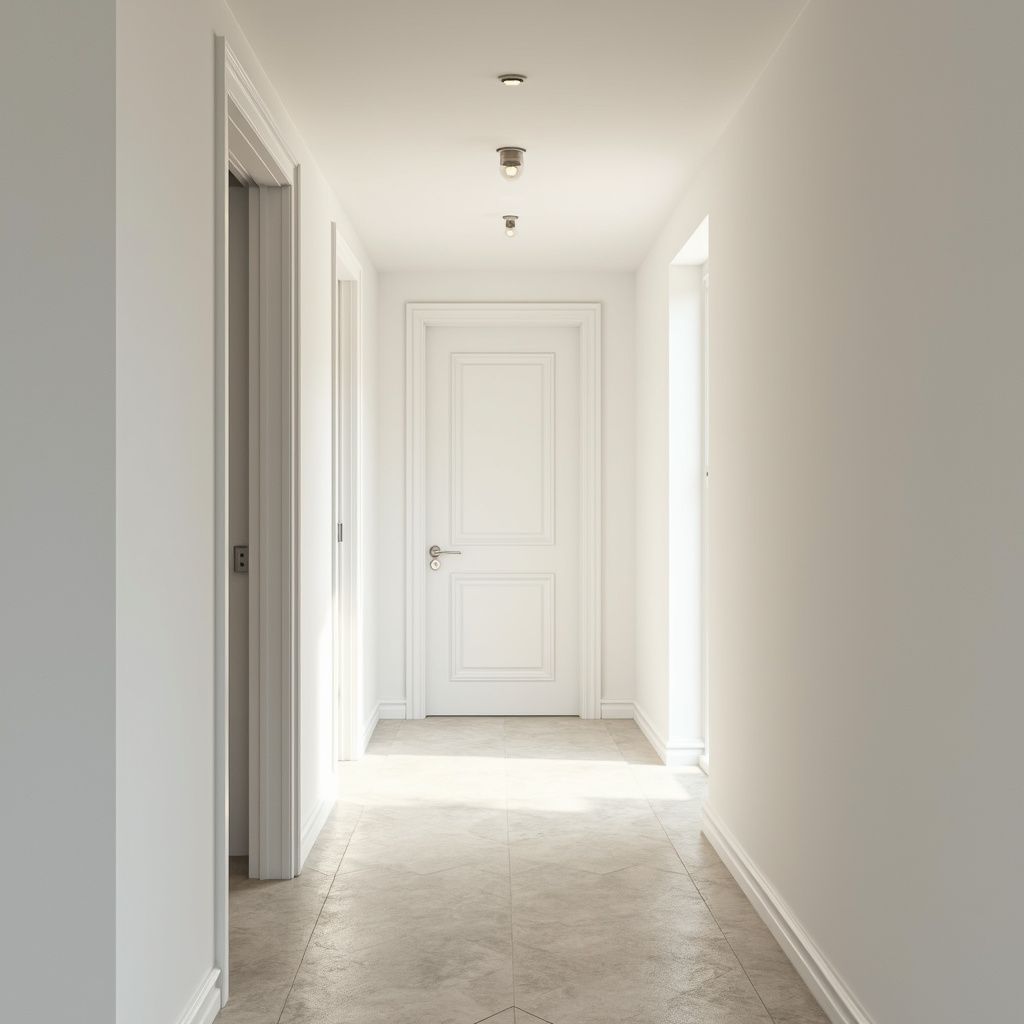 Long, bright, white hallway with doors, light streaming in, concrete floor, recessed lighting.