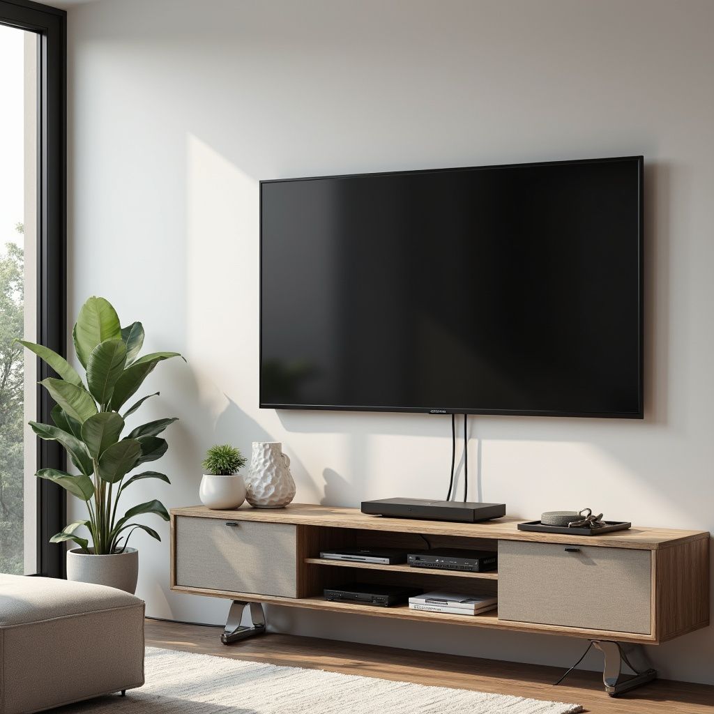 Living room with TV mounted above a wood media console, plant, and footstool.