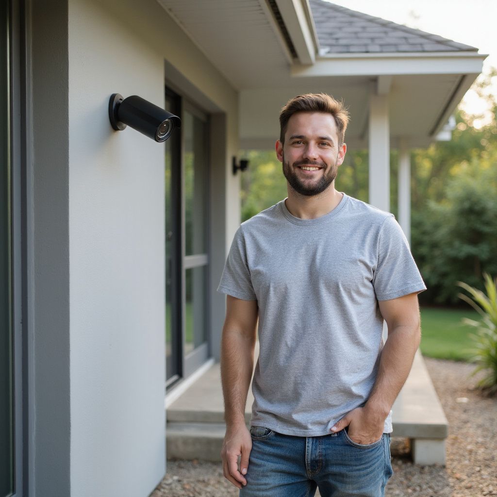Smiling man with a security camera on a house; gray shirt, jeans, outdoor setting.