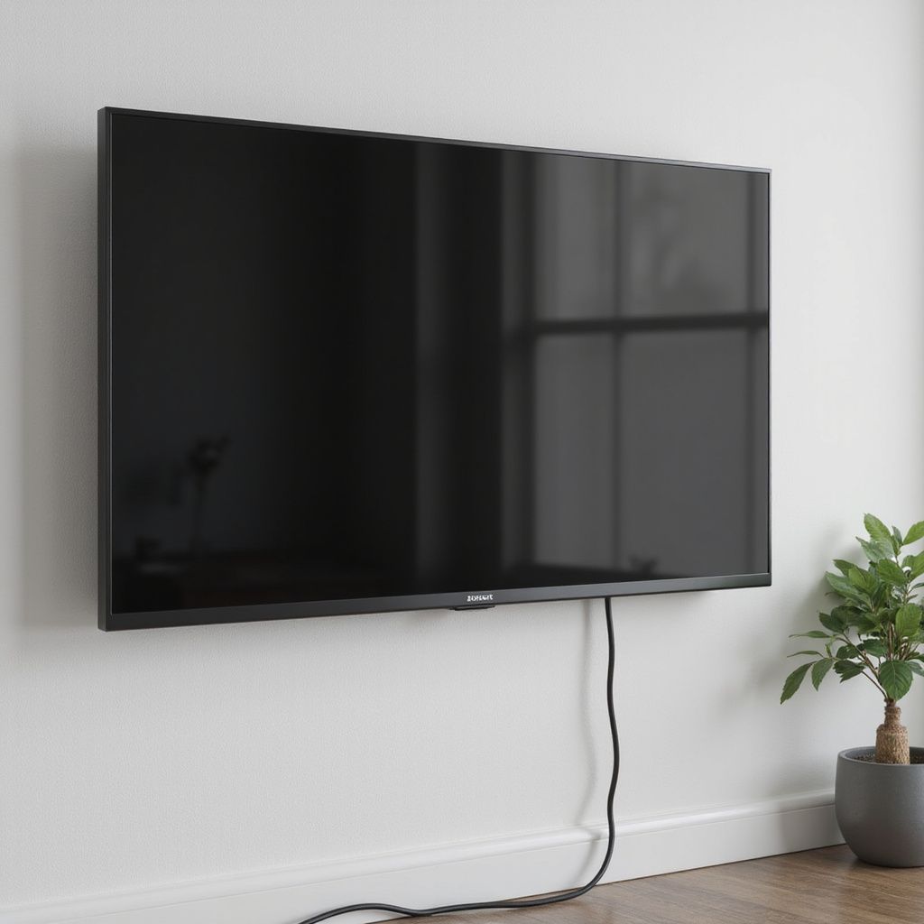 Large black TV mounted on a white wall with a cable dangling. A small potted plant is to the right.