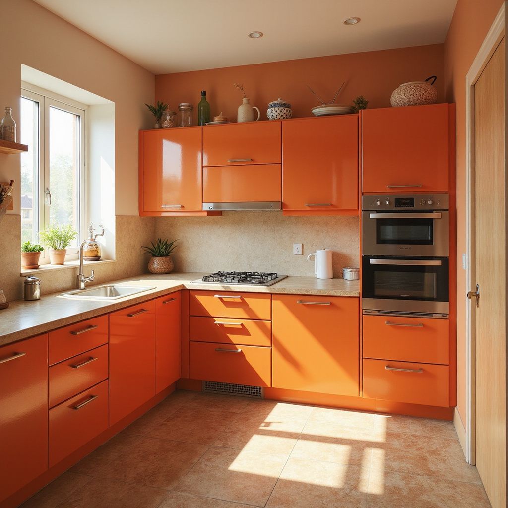 Orange modern kitchen with glossy cabinets, oven, and window.