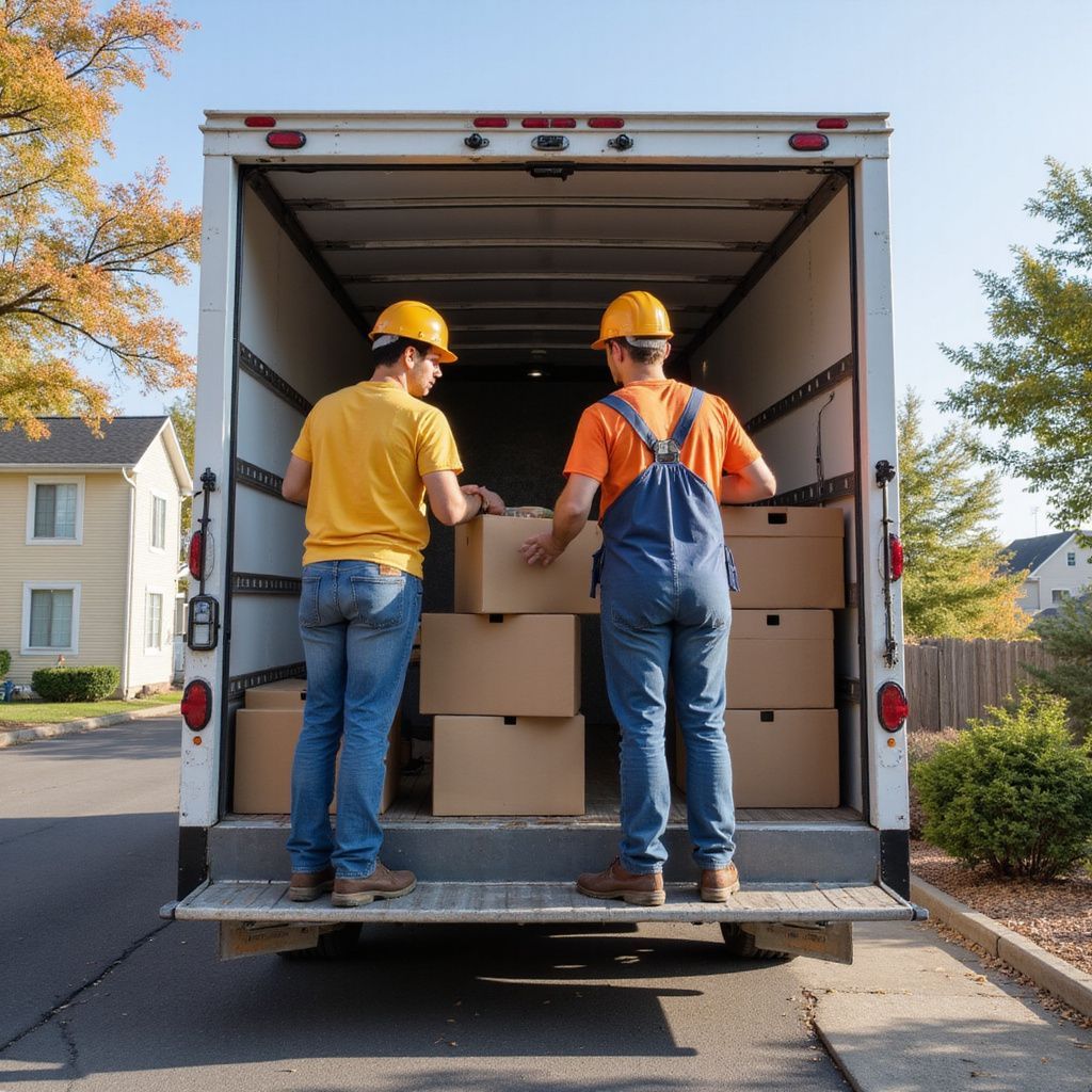 Two movers loading boxes into the back of a moving truck, outside in a residential neighborhood.