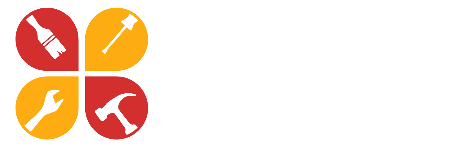 Logo with four colored shapes and tools: brush, trowel, wrench, and hammer.