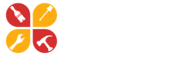 Logo with four colored shapes and tools: brush, trowel, wrench, and hammer.