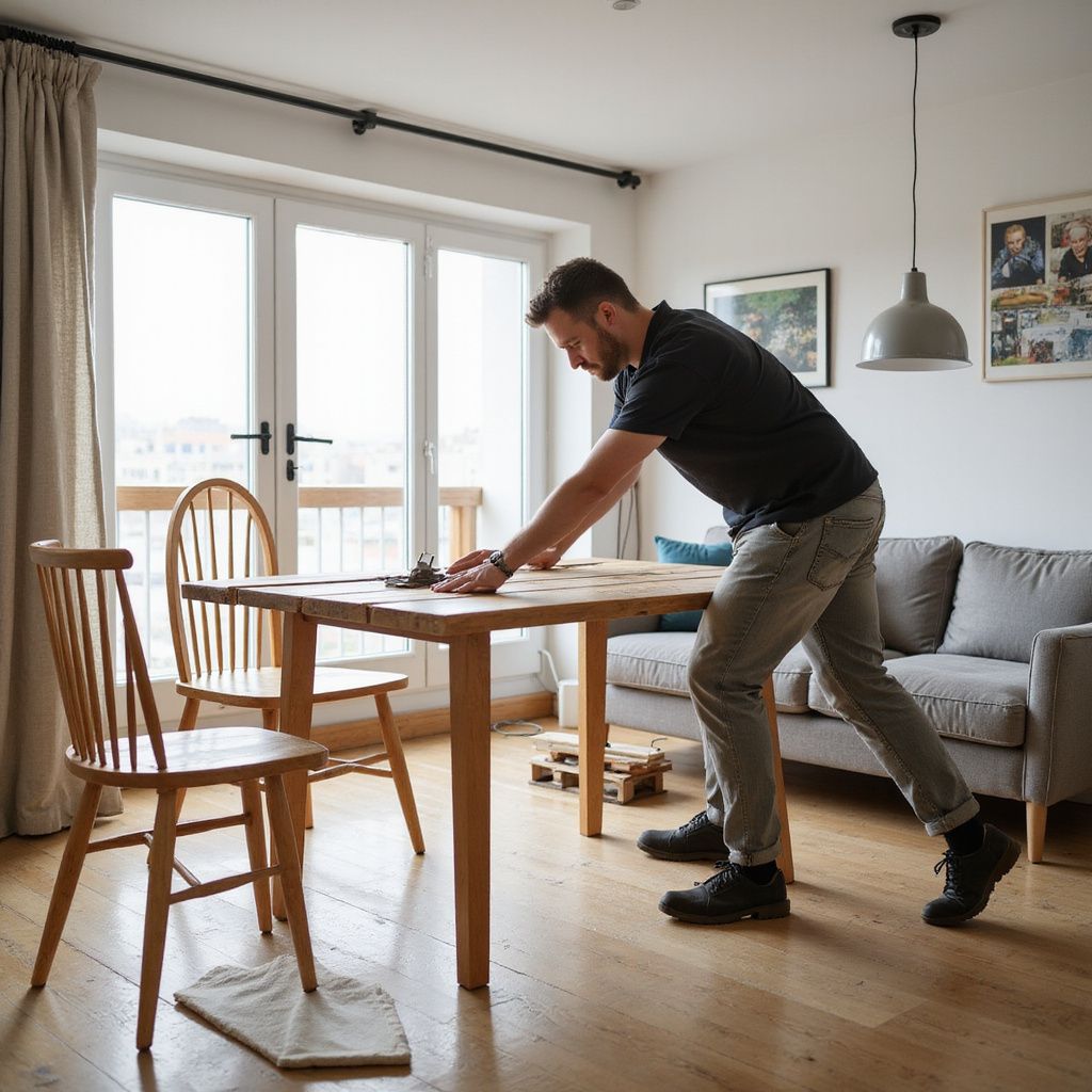 Man in a room adjusting a wooden table. Two chairs, a sofa, and a window are in the background.