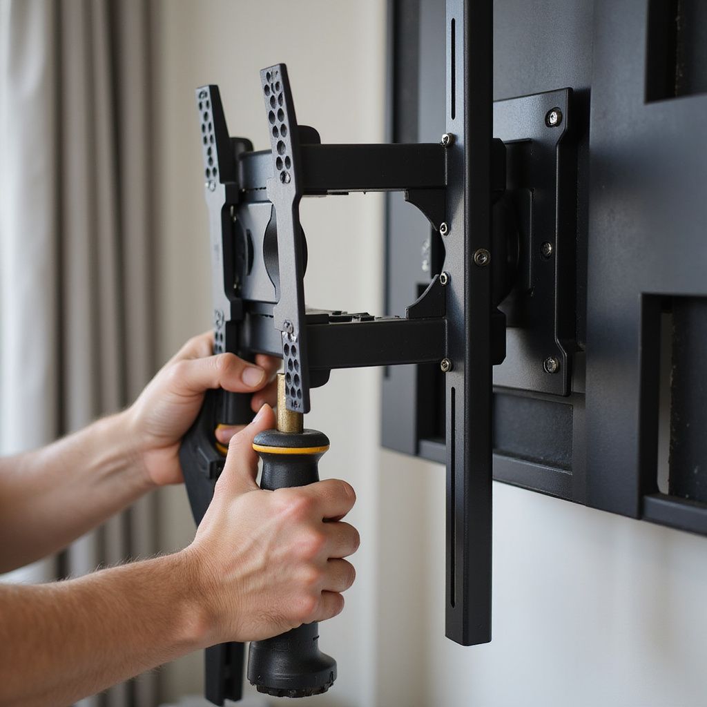 Person attaching a black and yellow TV mount to a wall-mounted bracket.