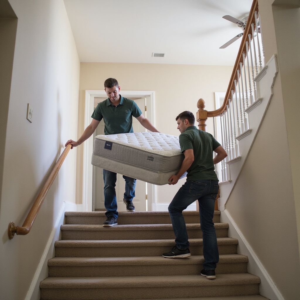 Two men carrying a mattress up a carpeted staircase, one holding the railing.