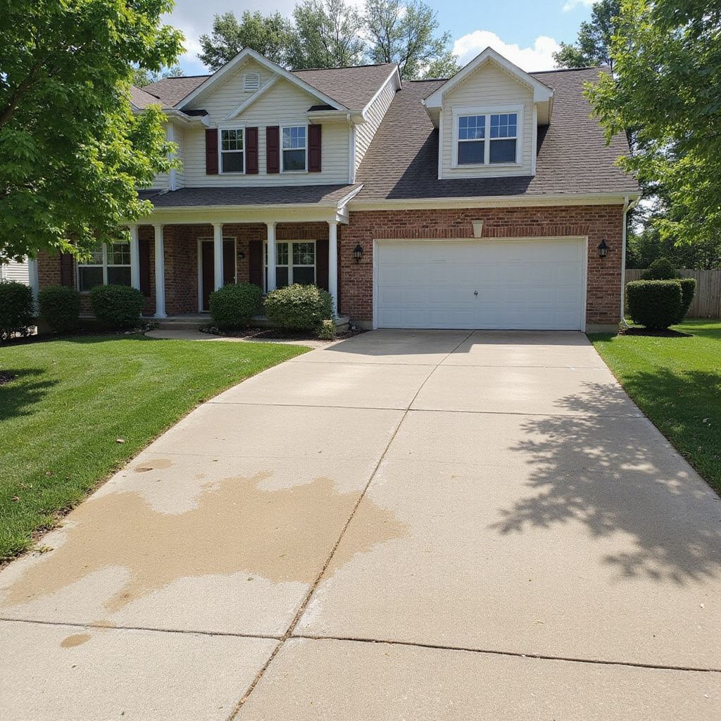 Two-story house with beige siding and red shutters, two dormers, a two-car garage, and a concrete driveway.