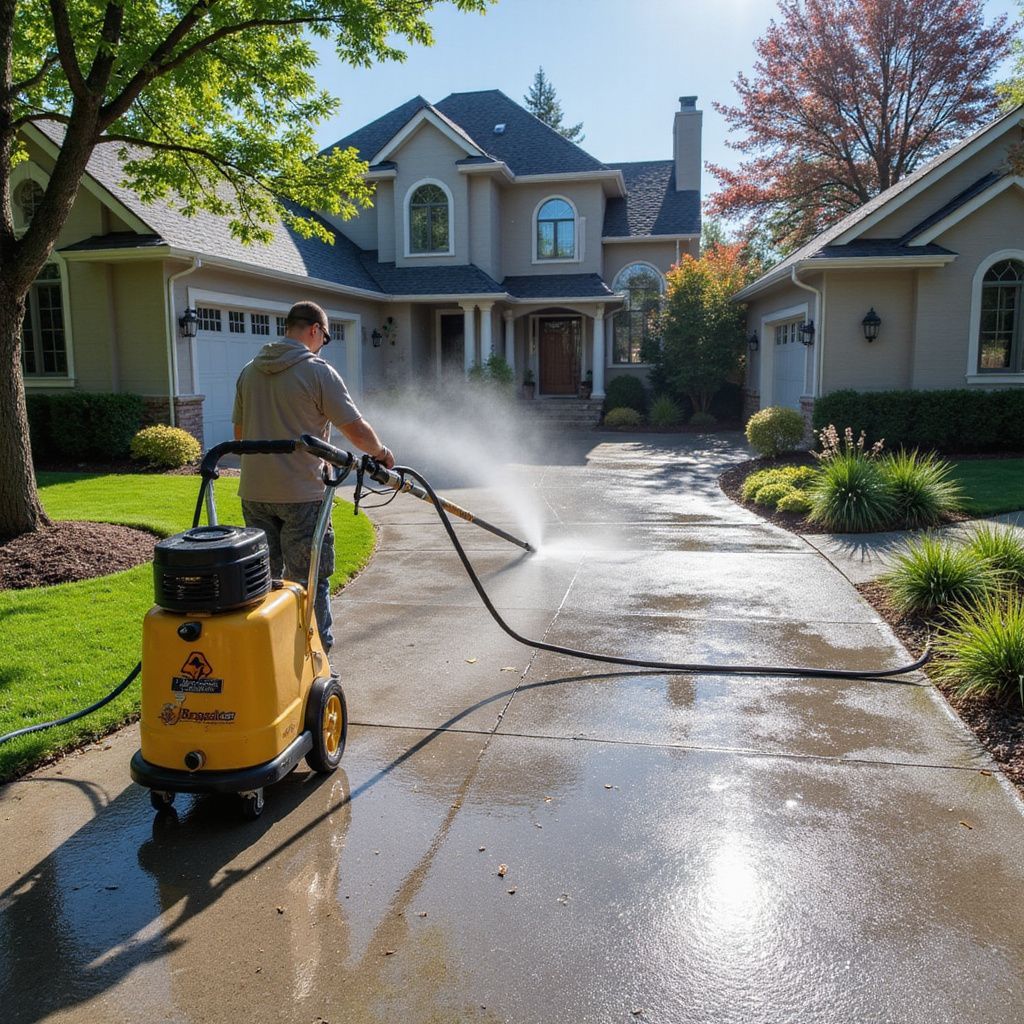 Man pressure washing a driveway in front of a two-story beige house on a sunny day.
