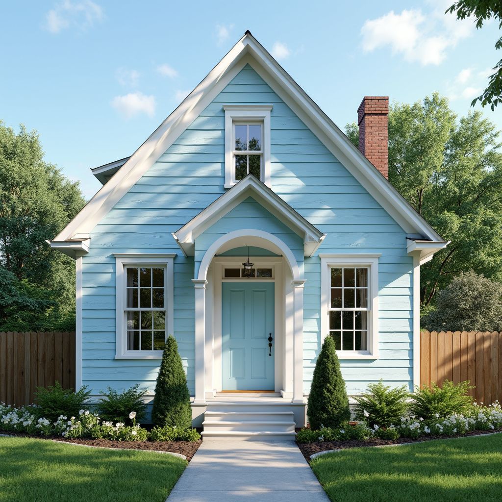 Blue cottage with white trim, centered on a sunny day, with a path leading to the front door.