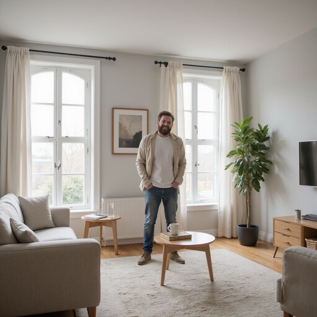 Man smiles in a light-filled living room. Standing in front of the coffee table, near two windows and a sofa.