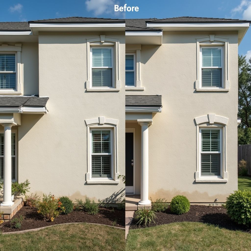 Two-story beige stucco house before a makeover. Windows, front door, and landscaping visible.