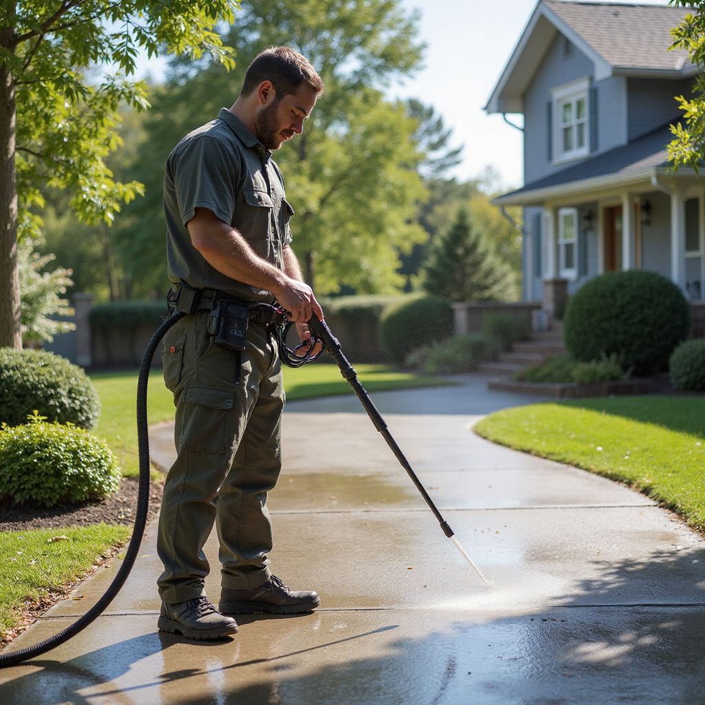 Man in green uniform power washing a driveway in front of a house.