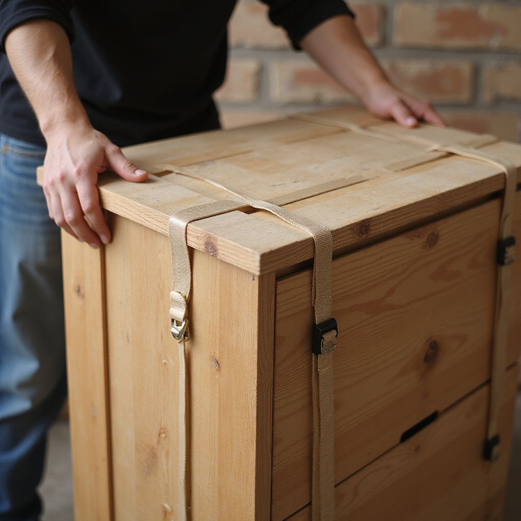 Person holding a wooden crate secured with straps.
