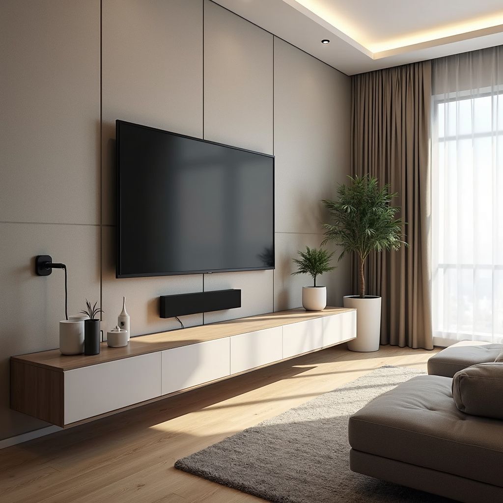 Modern living room with mounted TV, floating shelf, plants, and neutral colors.