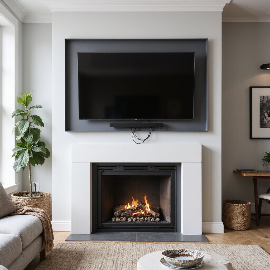 Fireplace with lit fire, TV above, framed by grey, in a modern living room with rug and plant.