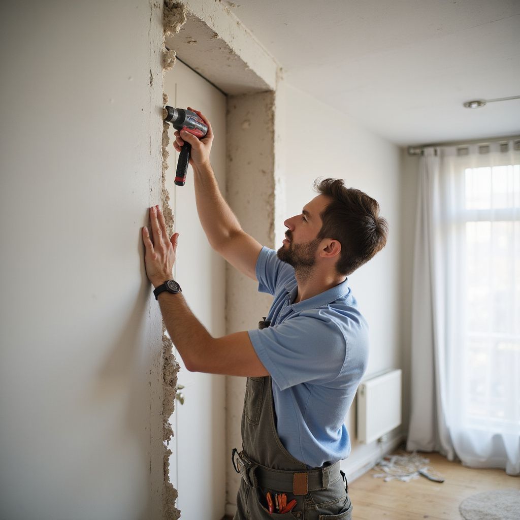 Man cutting drywall around a doorway with a power tool, wearing overalls.