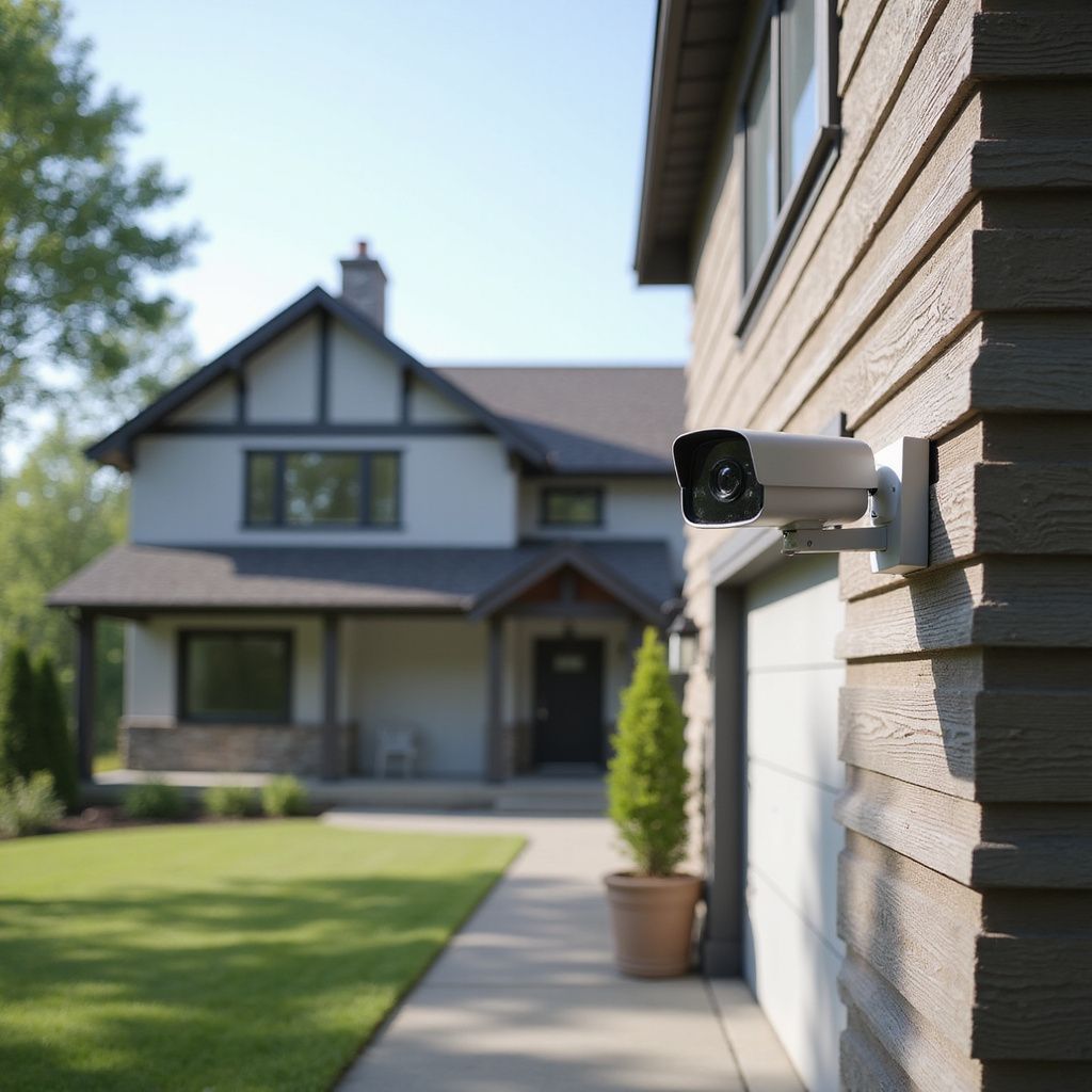 Security camera mounted on a house, overlooking a lawn and another house on a sunny day.