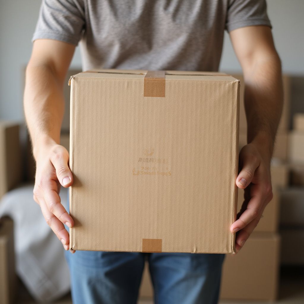 Person holding a brown cardboard box, ready to move.