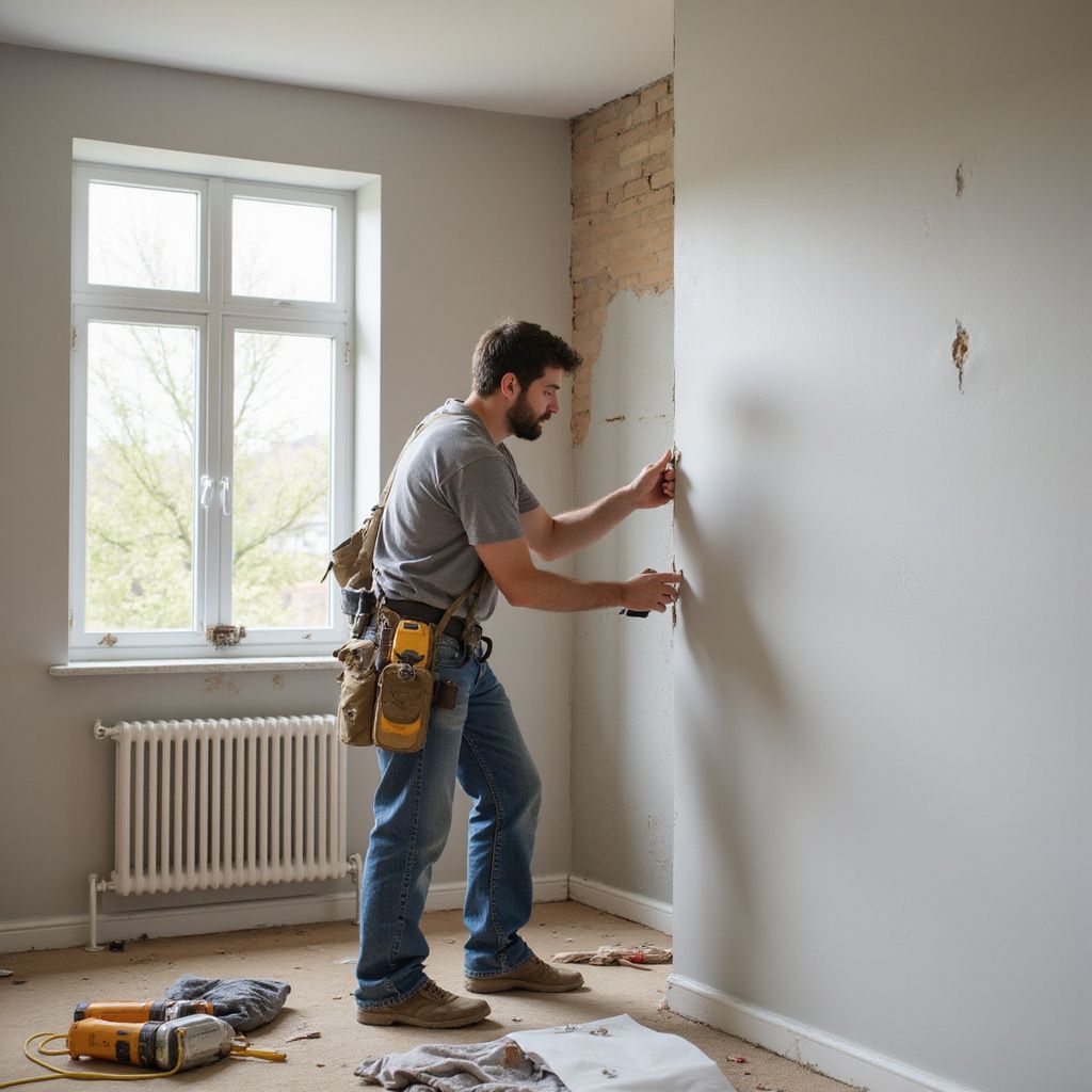 Man with tools, repairing a wall in a room with a window, radiator, and bare exposed brick.