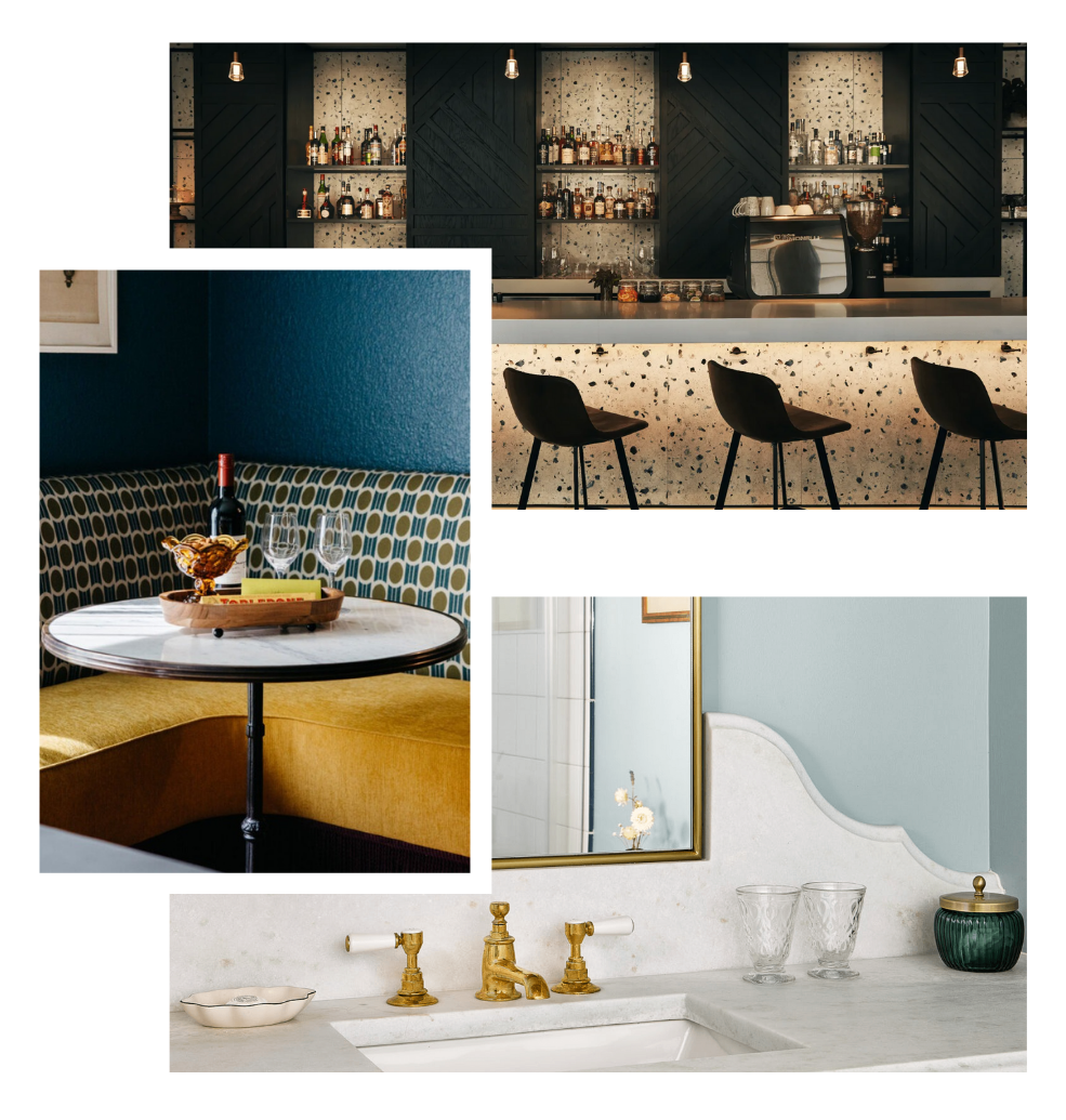 Collage of interior design details: bar, booth seating with yellow cushions, sink with gold fixtures.