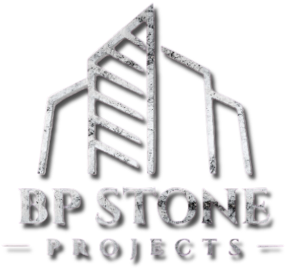 Logo for BP Stone Projects: Stylized building outline with stone texture and text 