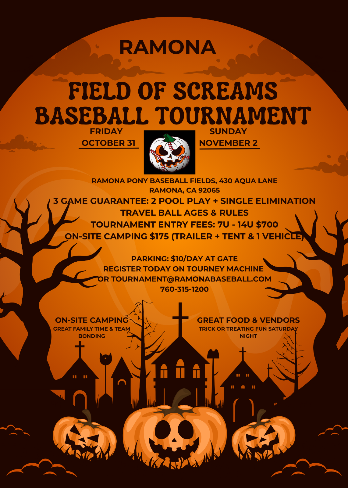 Orange Halloween baseball tournament poster with bats, pumpkins, bats, and a haunted castle silhouette