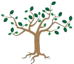 A tree with green leaves and roots on a white background.