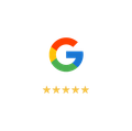 Google logo with five gold stars.